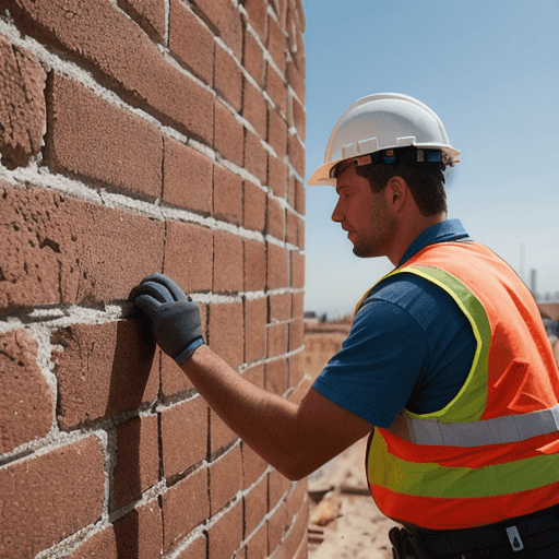 AI generated: Ultra-realistic photograph of a contemporary worker in Spain, building a brick wall on a modern cons...