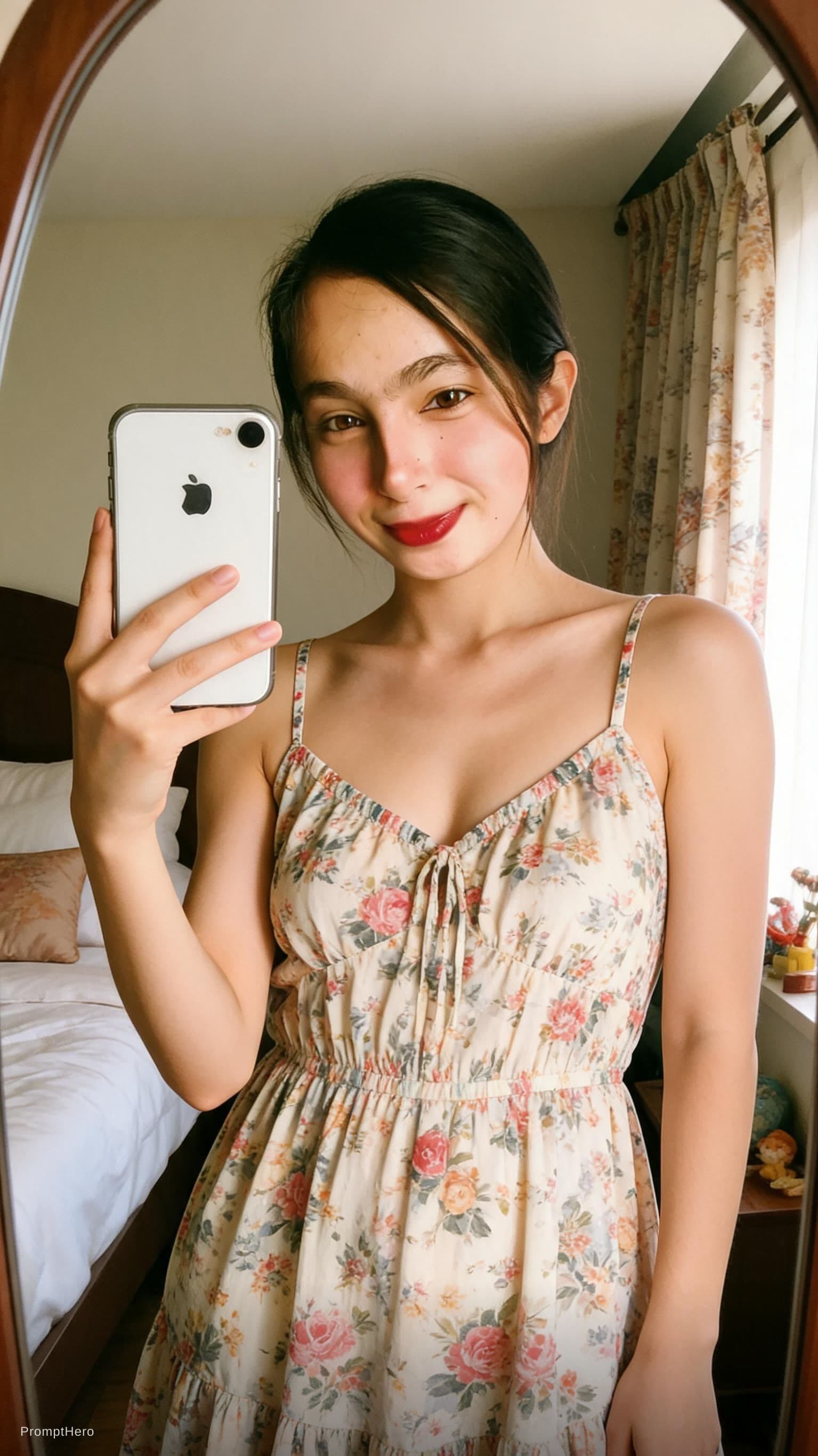 AI generated: Iphone on hand and seating on bed with bikini dress mirror photo