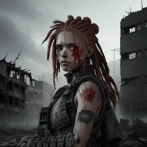 AI generated: Postapocalyptic combat scene with a Beautiful hyperrealistic photograph of cute Young Swedish woman ...