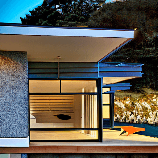 AI generated: Hyper realistic eye level exterior photo of a mid century modern style house overlooking the ocean, ...