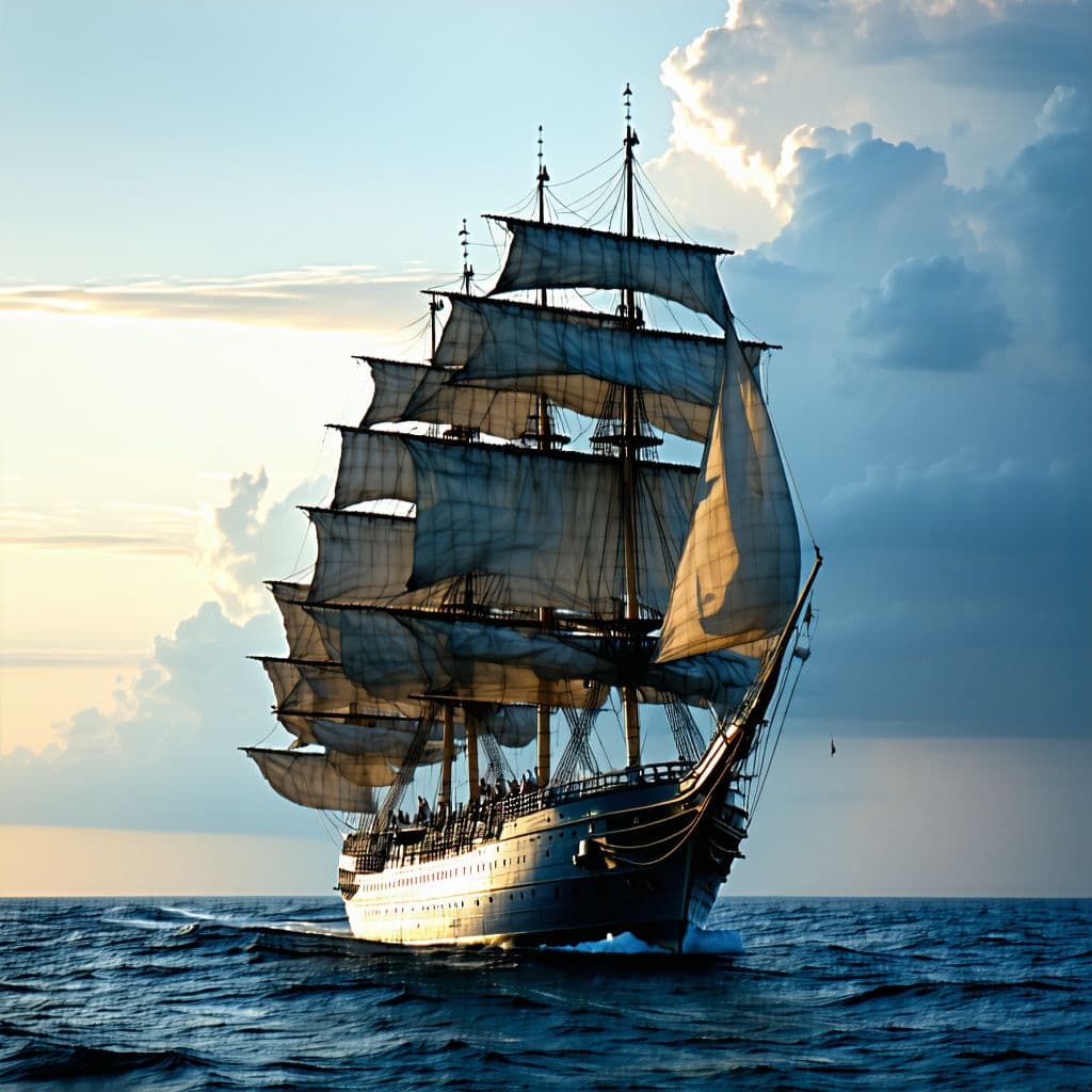 AI generated: Photo of a ultra realistic sailing ship, dramatic light, pale sunrise, cinematic lighting, battered,...