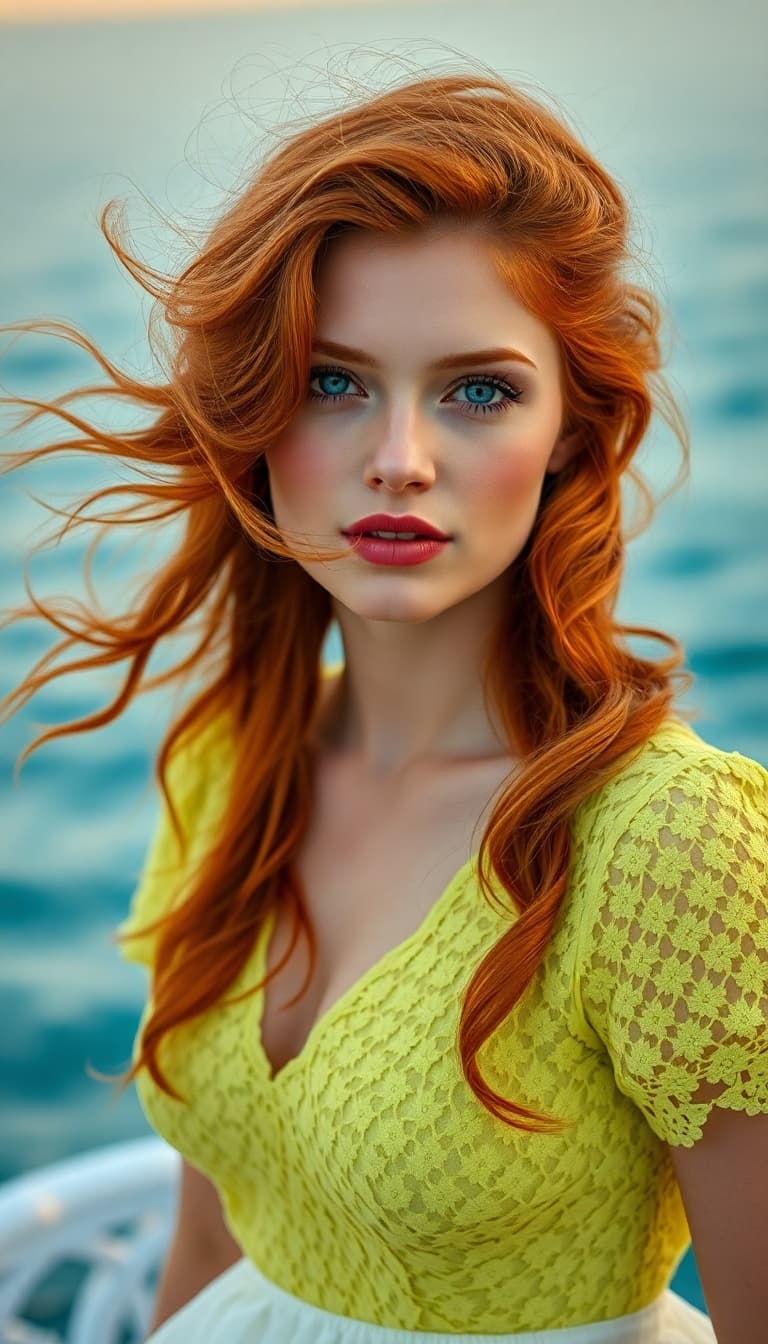 AI generated: "Image is a high resolution close up head and shoulders portrait of a lithe redhead supermodel, fair...
