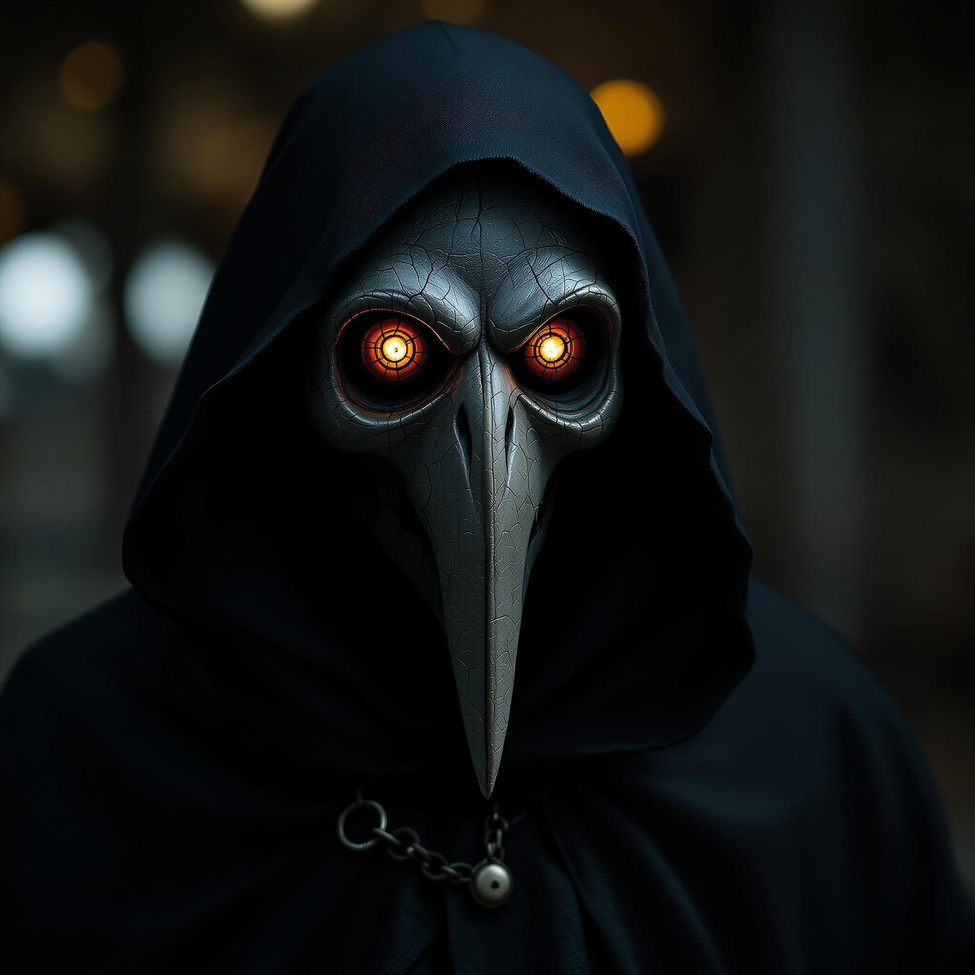 AI generated: surrealistic creature wearing a plague doctor mask with glowing eyes, wearing black cloak, Bokeh eff...