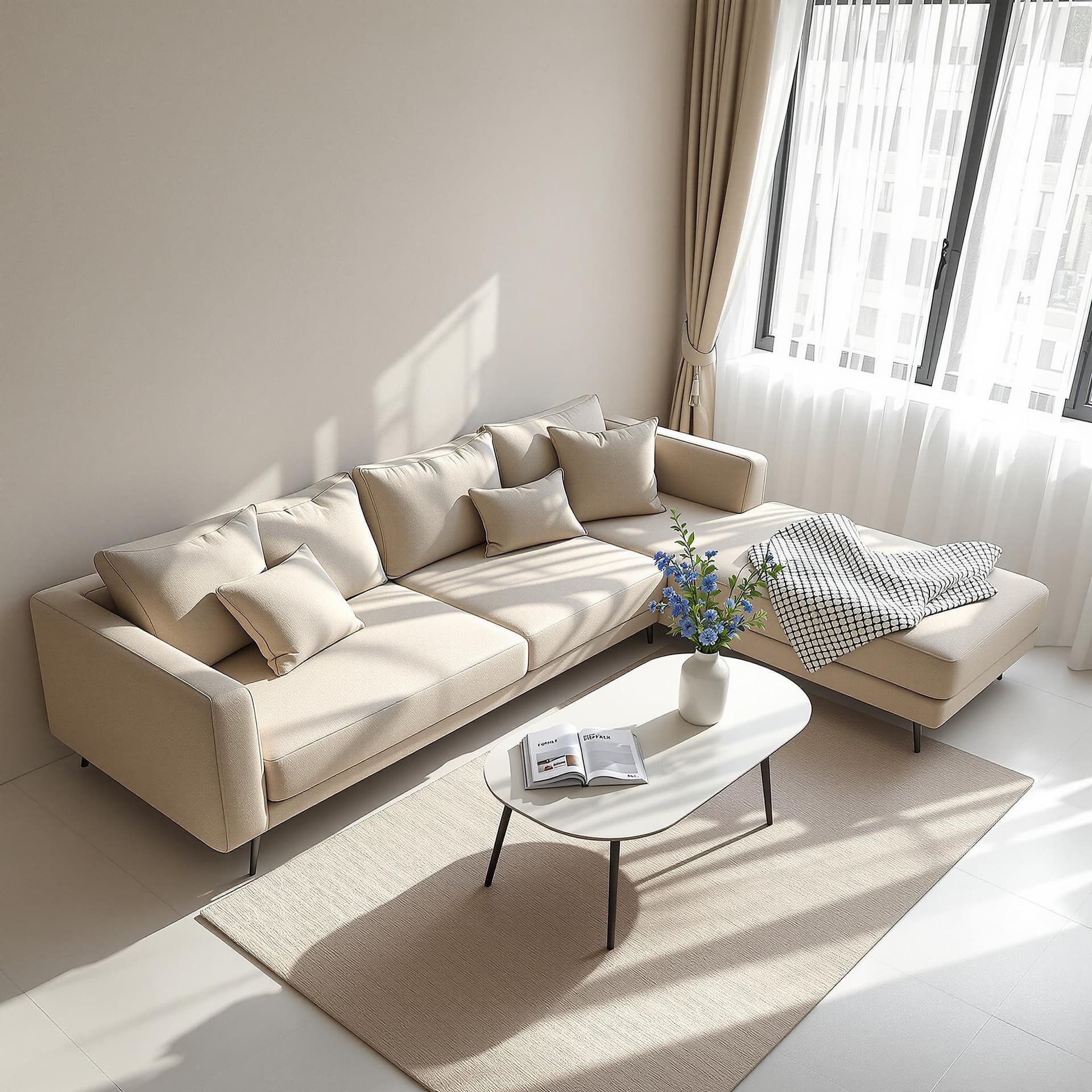AI generated: photography, aerial shot, apartment living room, color limited to beige, minimalist beige fabric sof...