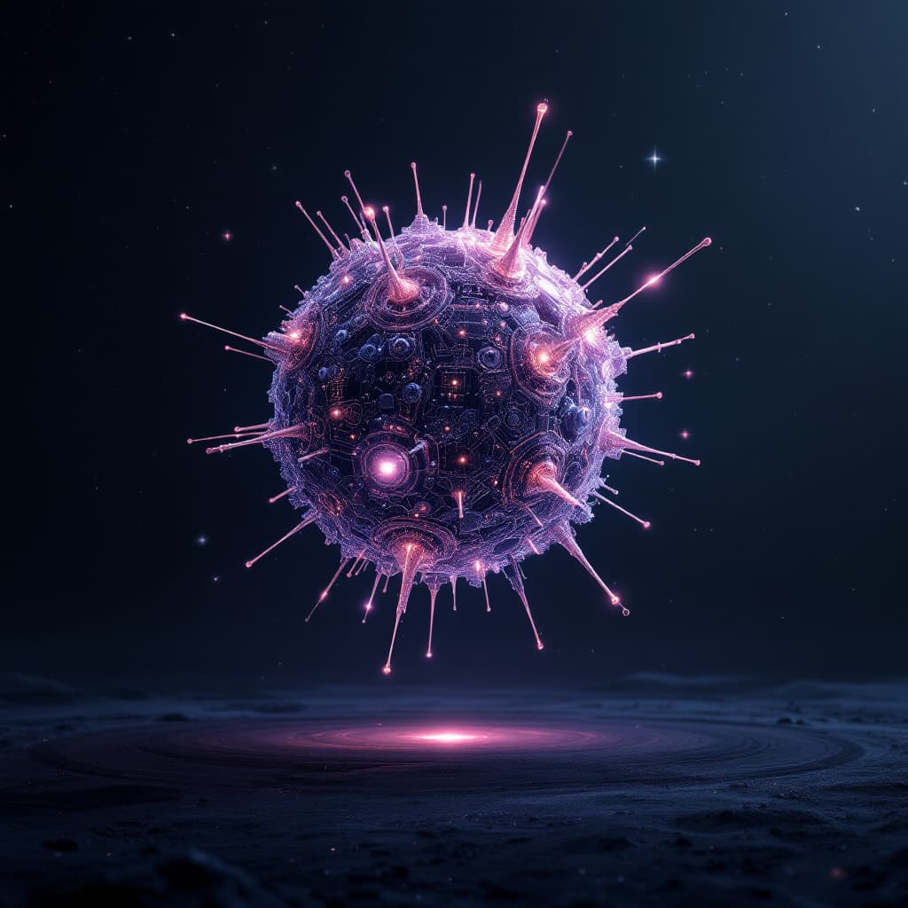 AI generated: A hyper-detailed, glowing visualization of a Sophon — a highly advanced, intelligent subatomic parti...