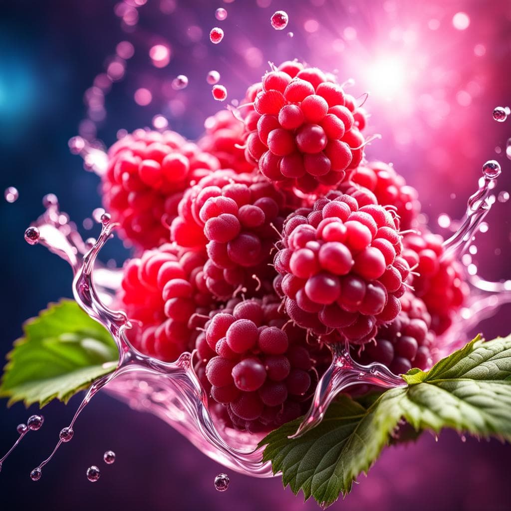 AI generated: Amazing Raspberries, Film Still Raspberry, Splash Effects, Portrait Photography, Intricate Patterns,...