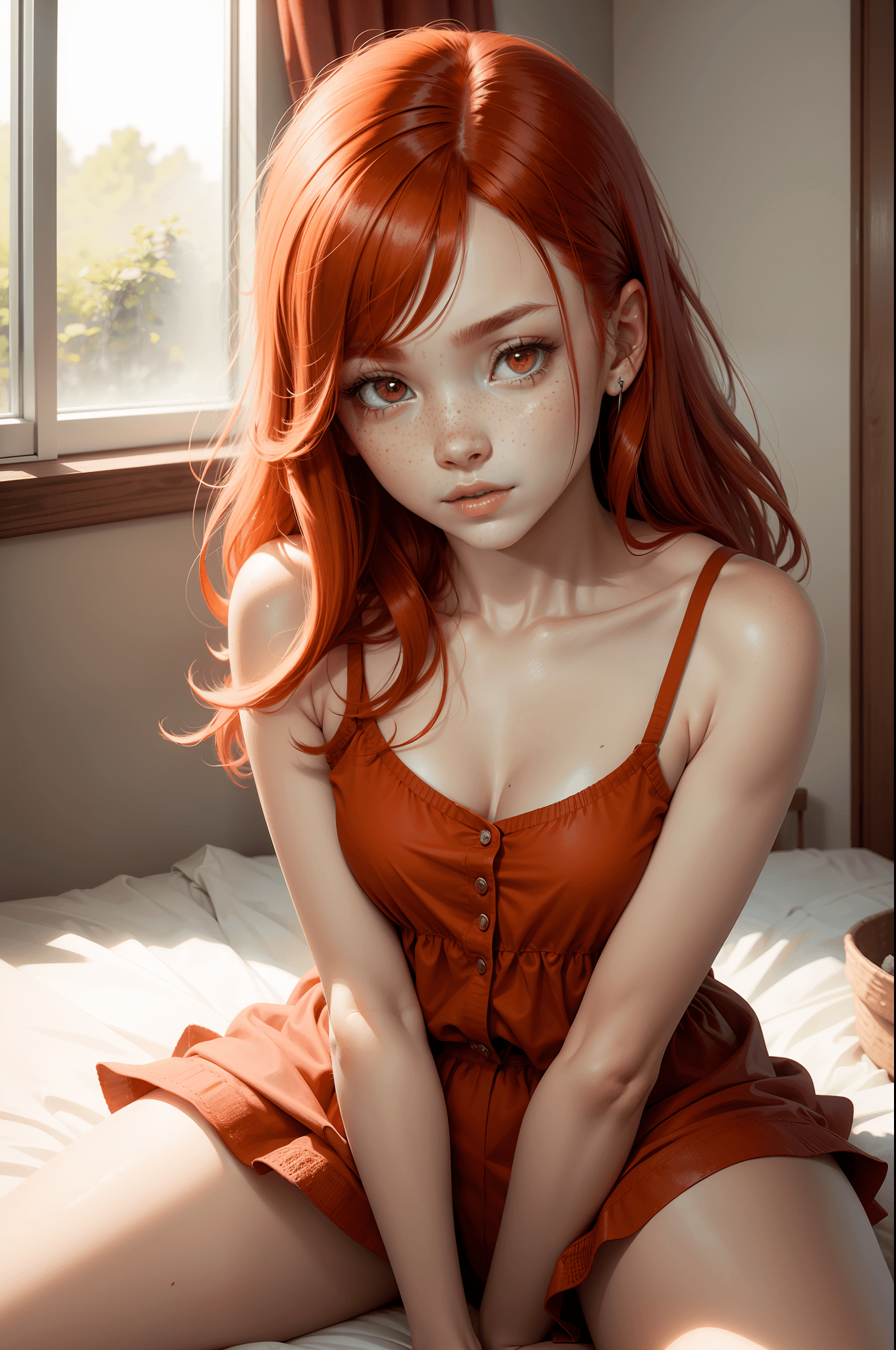 AI generated: a red hair girl, wtih freckles, sitting in her room, ultra detailed face, detailed face,