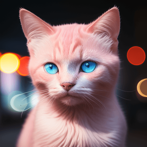 AI generated:  Portrait photo of cute pink cat with fill of lightening colors, blue eyes, light bokeh, intricate, ...