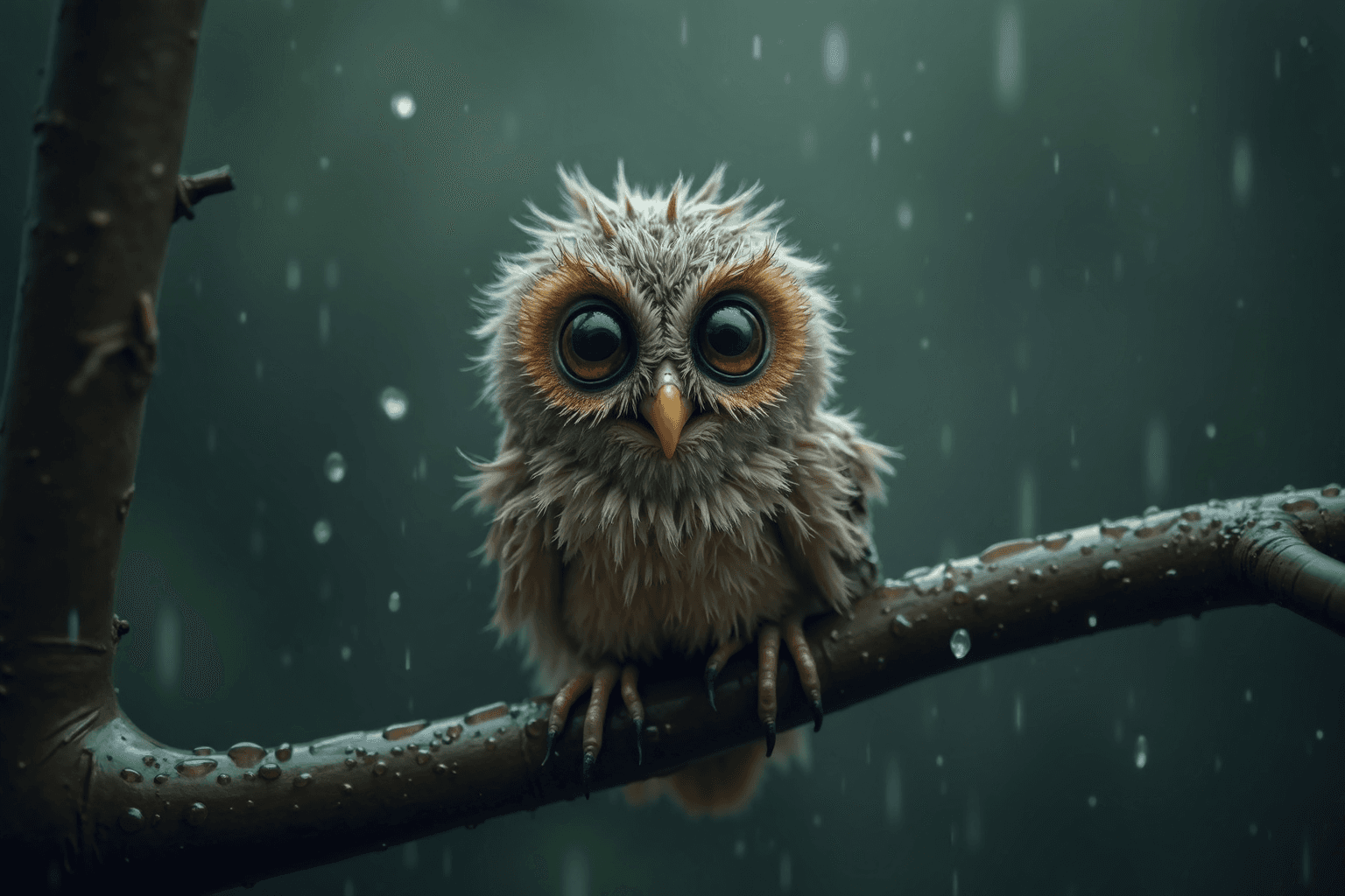 AI generated: A small, ruffled owl perches on a rain-soaked branch, its feathers puffed up as droplets fall from t...