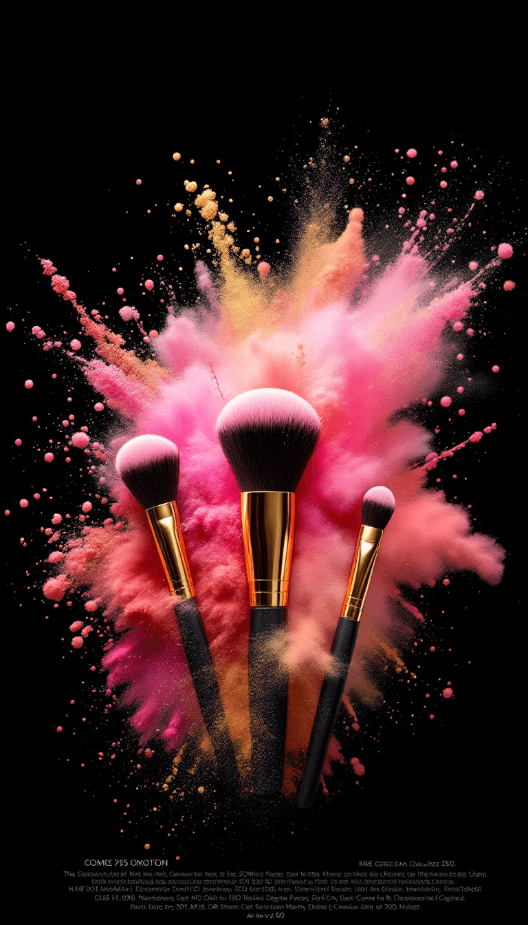 AI generated: a photo of 3 big cosmetic brushes with a pink and golden powder explosion on a black background --ar...