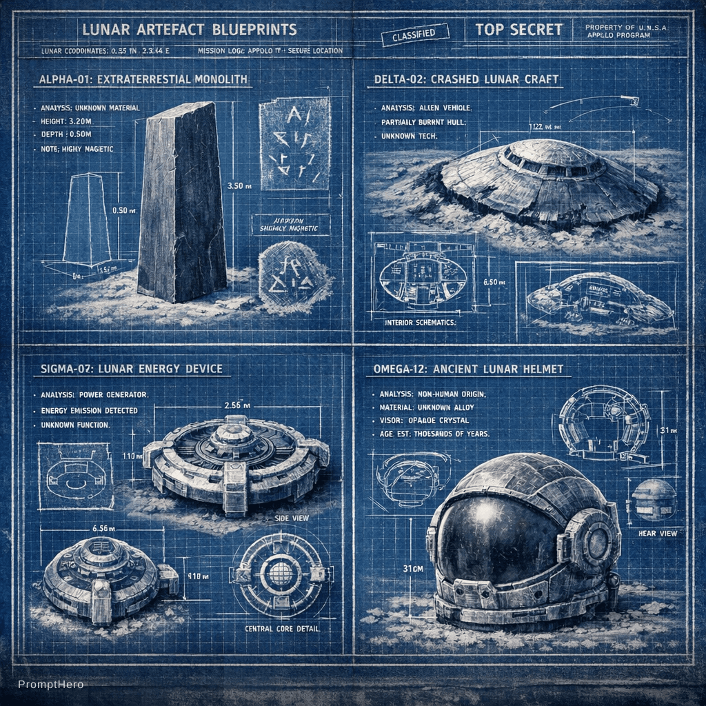 AI generated: The moon blueprints of the objects found there. High detail, photo realistic. 