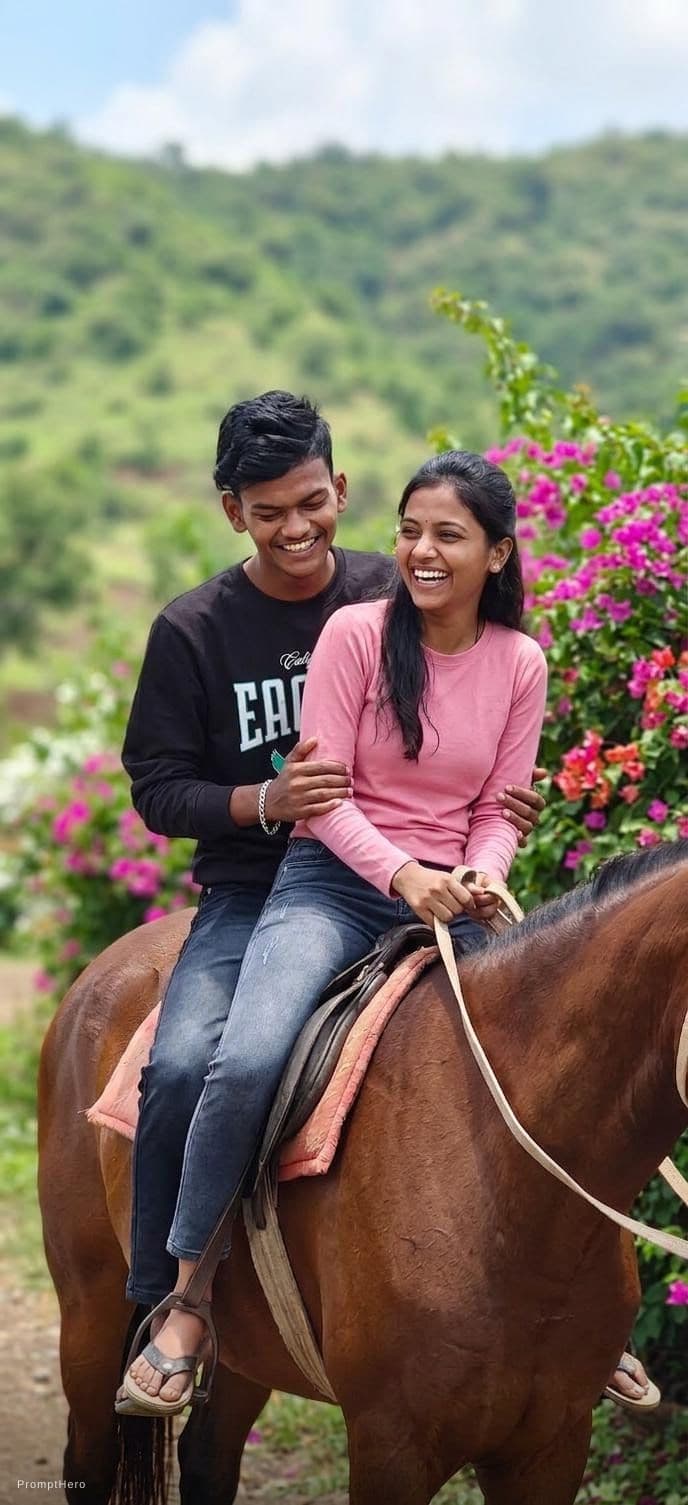 AI generated: horseback riding on same horse together while girl seat ahead and boy seat back in this outfit shown...