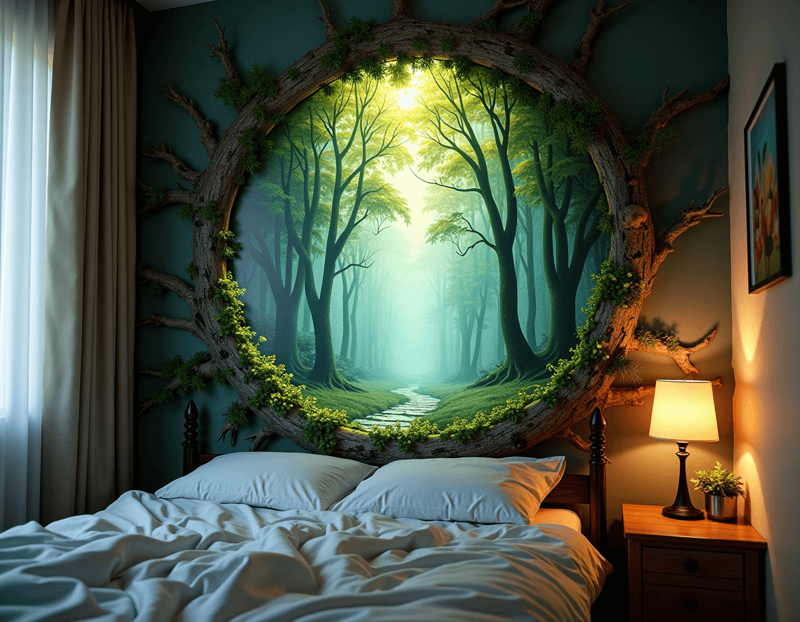 AI generated: a portal into a mythical forest on the wall of my small messy bedroom