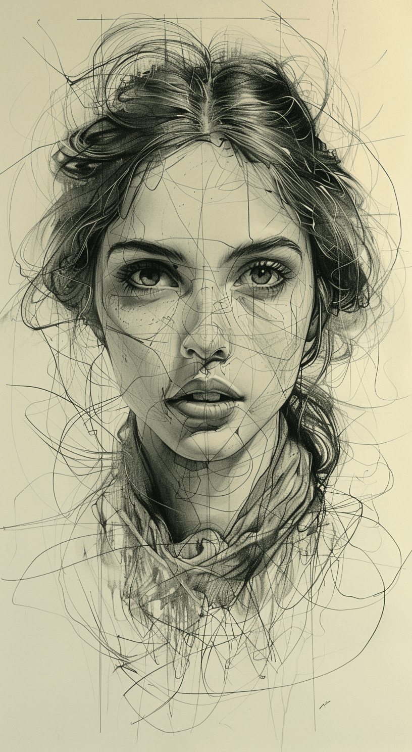 AI generated: pen painting, portrait of a woman, delicate ink lines, meticulous precision, in the style of the 17t...