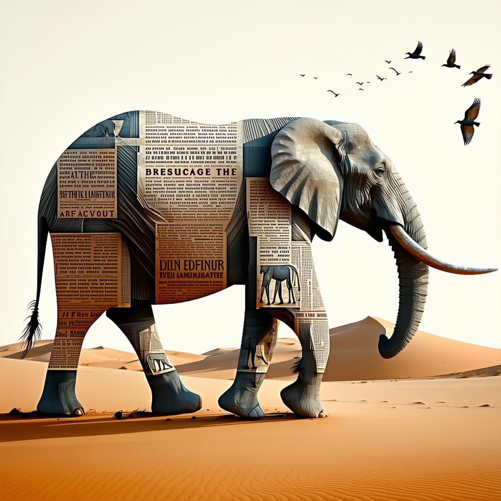 AI generated: An ancient elephant walks across a desert. Its skin is parchment covered in extinct alphabets. With ...