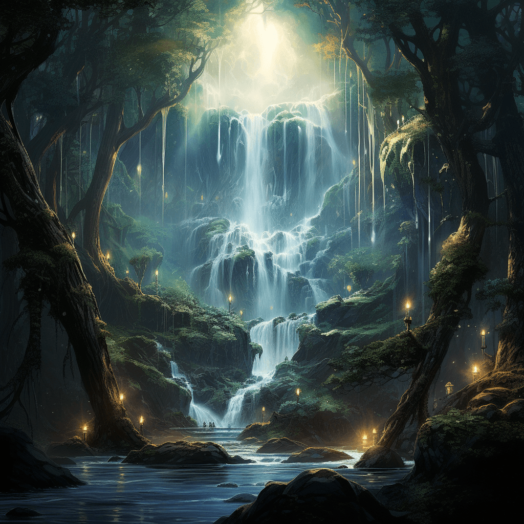AI generated: a transcendent large waterfall in an enchanted forest