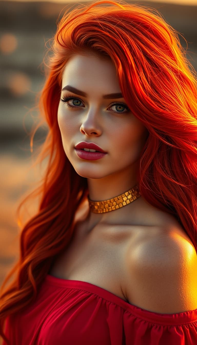 AI generated: "Fine art fashion portrait, warm golden hour light, bright vibrant colours. Supermodel with fair ski...