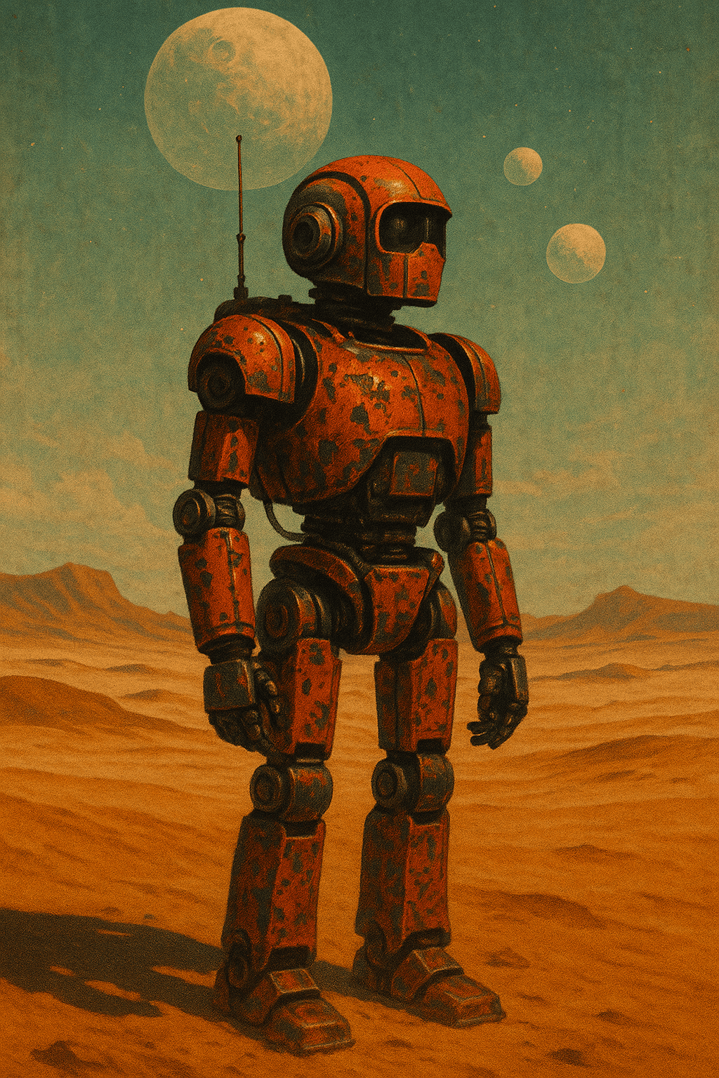 AI generated: Create a retro-futuristic style image featuring a solitary robot standing in a vast desert on an unk...