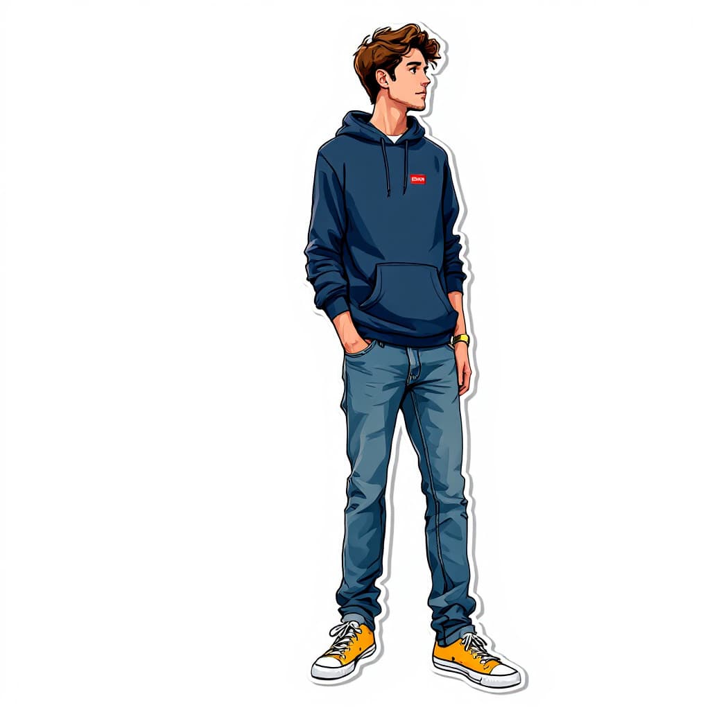 AI generated: A full-body sticker-style illustration of a young man with brown hair and a light one-day stubble, w...