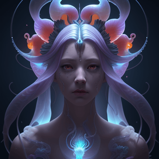 AI generated: Goddess close-up portrait ribcagel. jellyfish phoenix head, nautilus, orchid, skull, betta fish, bio...