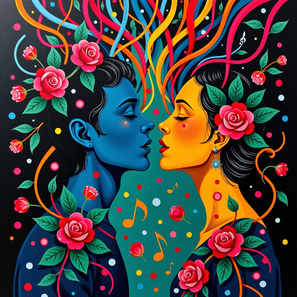 AI generated: Art Deco inspired, bright colors: A male and female vocalist, their mouths emitting streams of color...