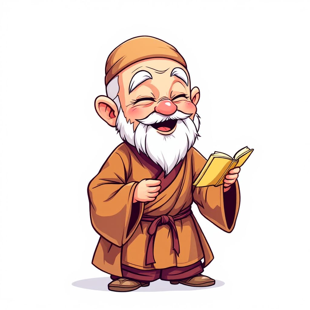 AI generated: A cute old monk chanting sutras and preaching in cartoon, wearing cassock and smiling brightly, whit...