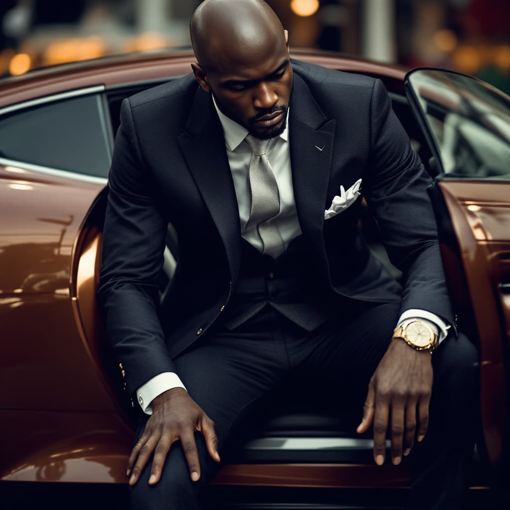 AI generated: black male  with bald head federal agent undercover dressed very well in high end Gucci designer sui...