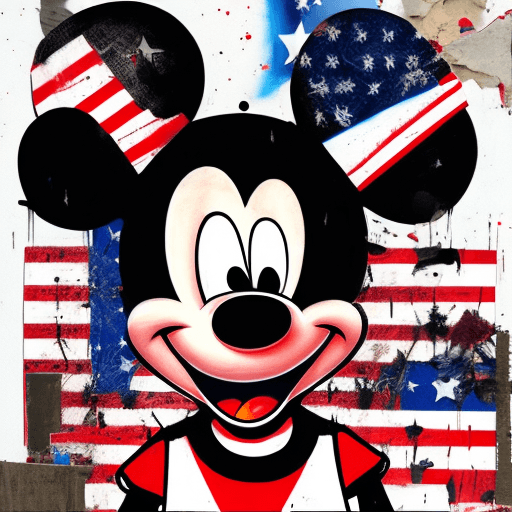 AI generated: Ultra detailed medium portrait painting, Mickey Mouse, torn up american flag background, punk visual...