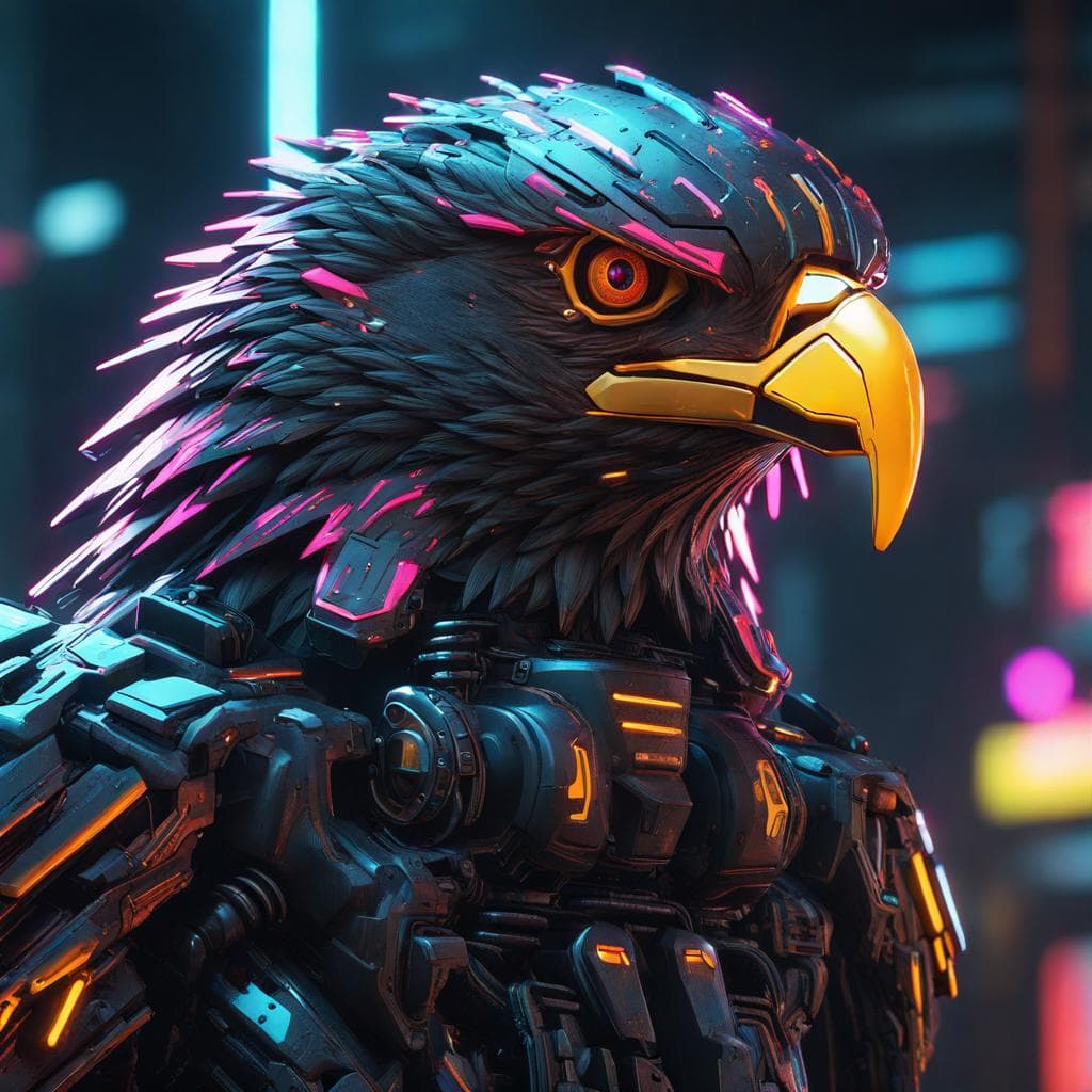 AI generated: Cyberpunk eagle, neon ambiance, abstract black oil, gear mecha, detailed acrylic, grunge, intricate ...