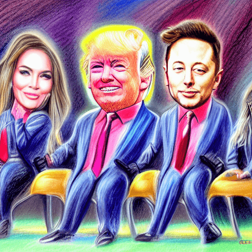 AI generated: 
pastel drawing, messi, donald trump, elon musk and oprah winfrey sitting in luxurious living room