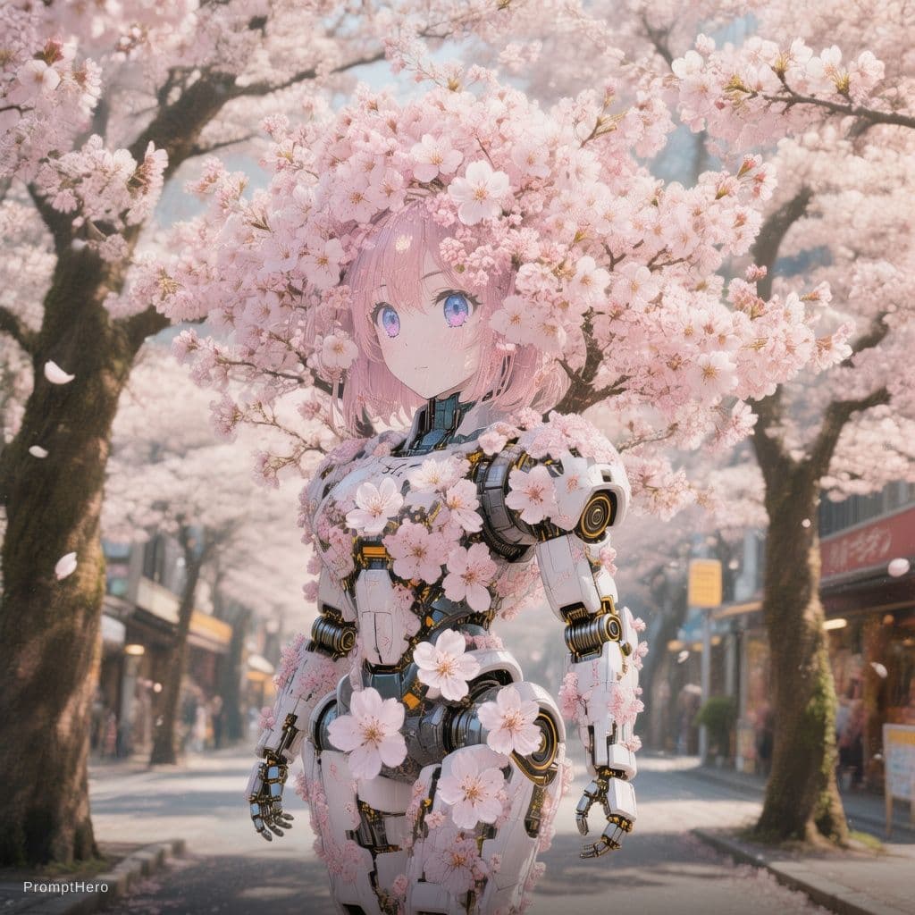 AI generated: Amidst the sea of cherry blossom trees on Sakura Street in Japan, stands a delightful and little Tac...