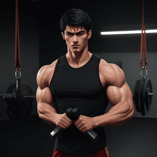 AI generated: 187 Height, muscular hunk, short black hair, clear and handsome, facial expression, red eyes, holdin...
