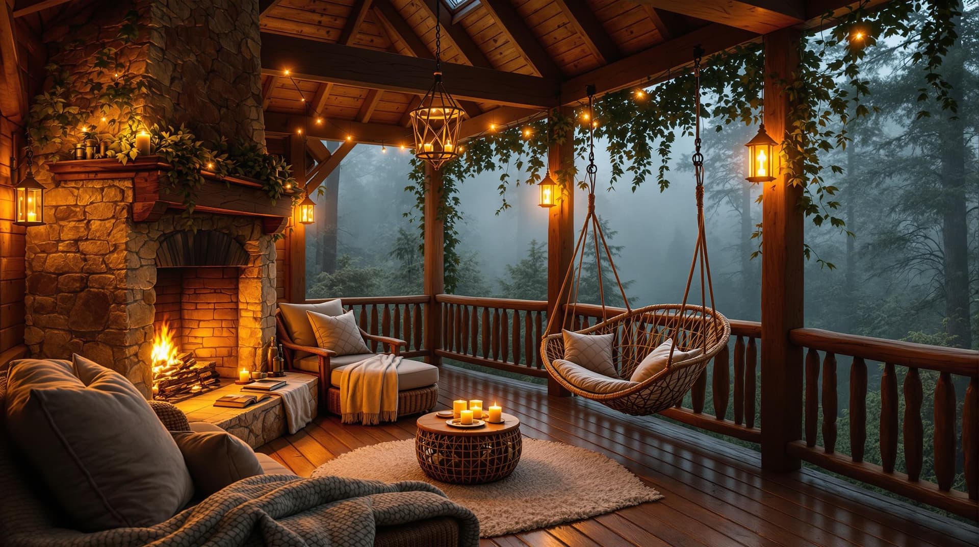 AI generated: A warm and inviting rustic wooden porch nestled deep in a misty forest on a foggy evening. The air i...