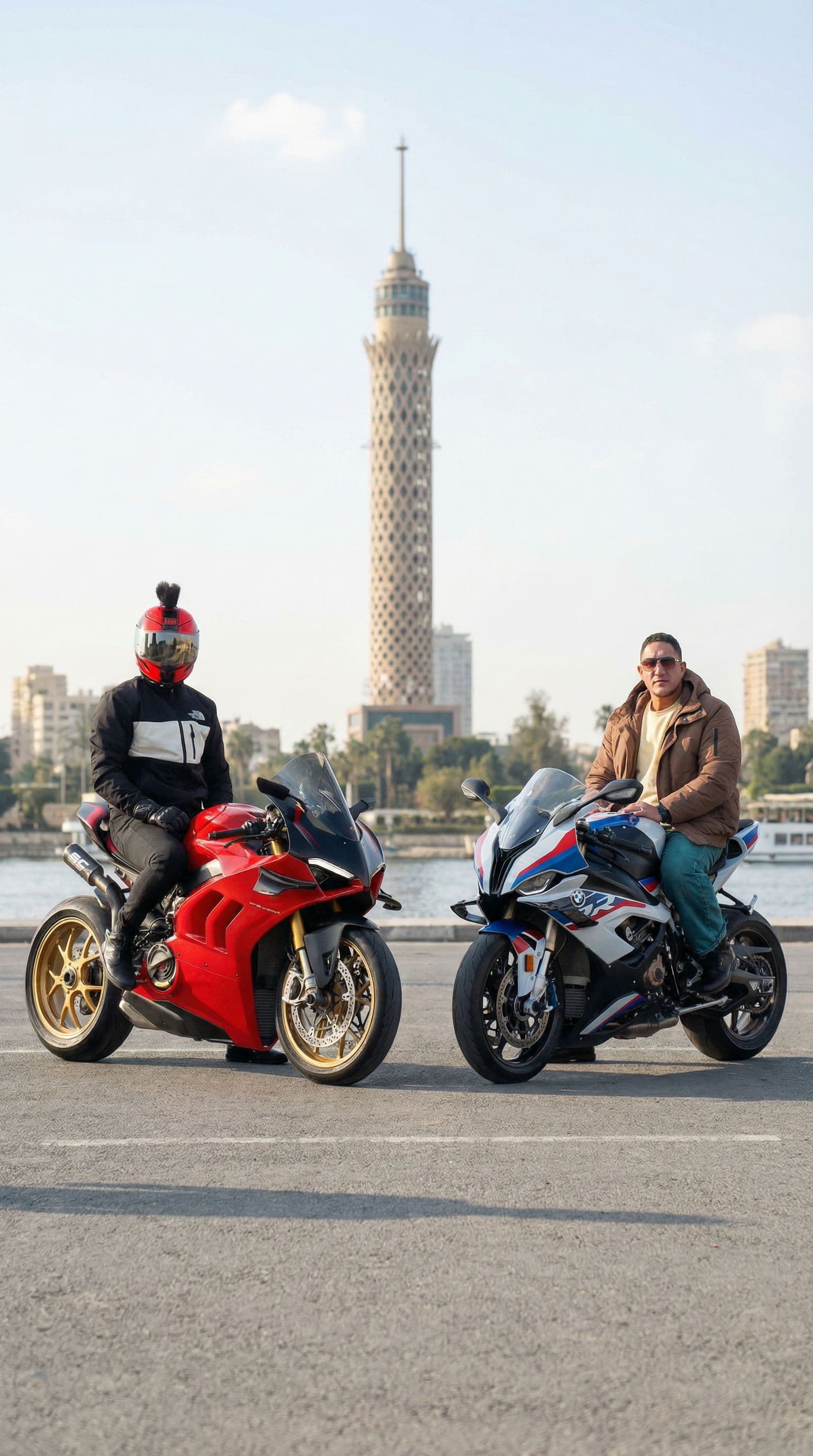 AI generated: Merge the two bikers in one photo as real picture 