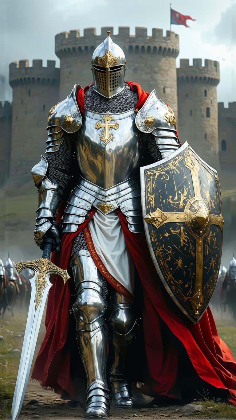 AI generated: An ultra-realistic, zoomed out, front facing, full-body portrait of a noble Paladin in gleaming silv...