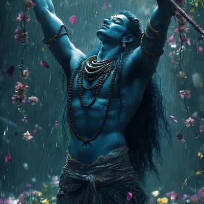 AI generated video: In extreme slow motion, a lord shiva enjoys a Spring rain in a garden