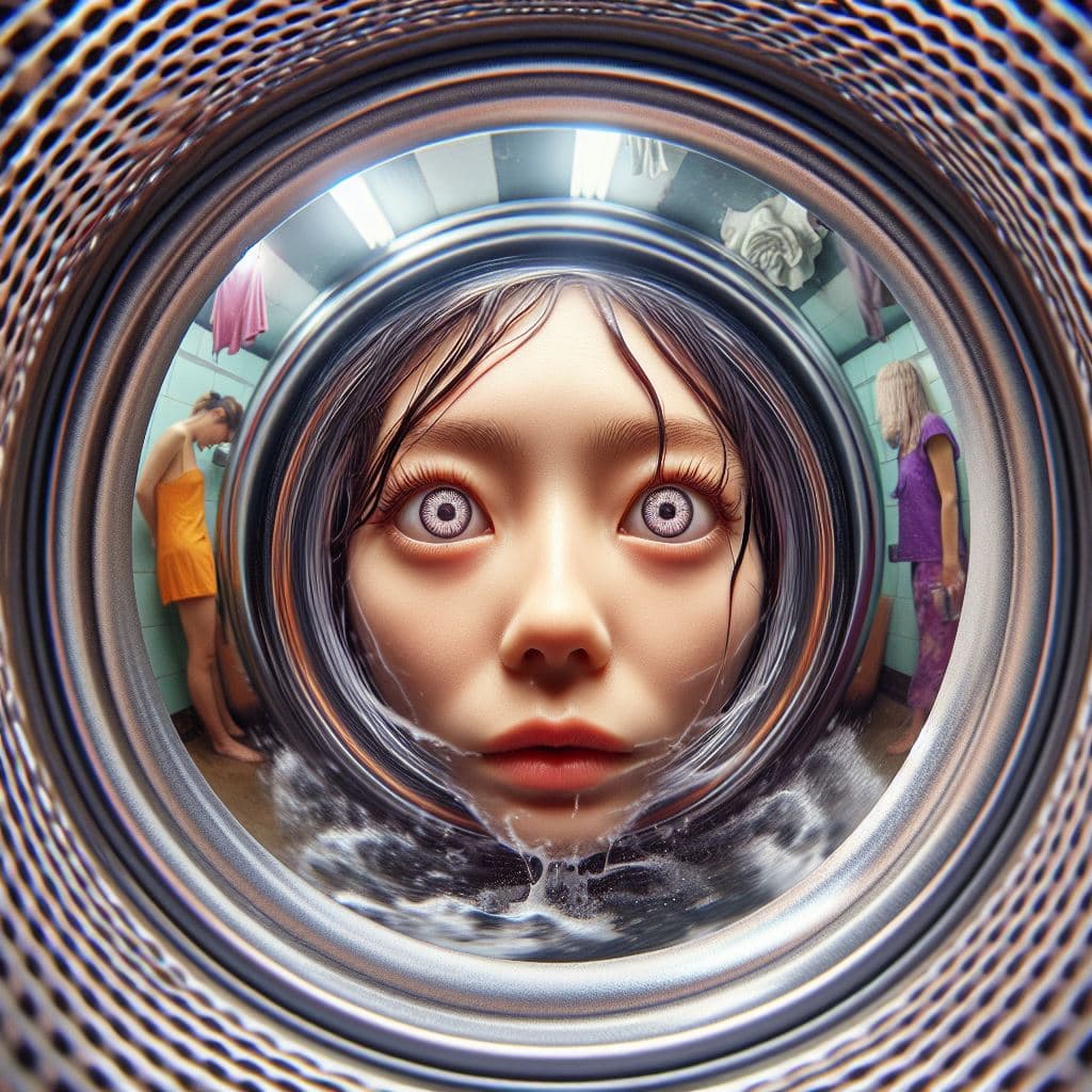 AI generated: The hypnotized face of a woman looking from outside into a washing machine, centered. The viewer see...
