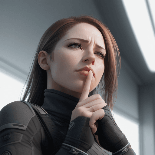 AI generated: photo realistic, modern woman striking a pose looking up index finger to her chin, thinking "I forgo...