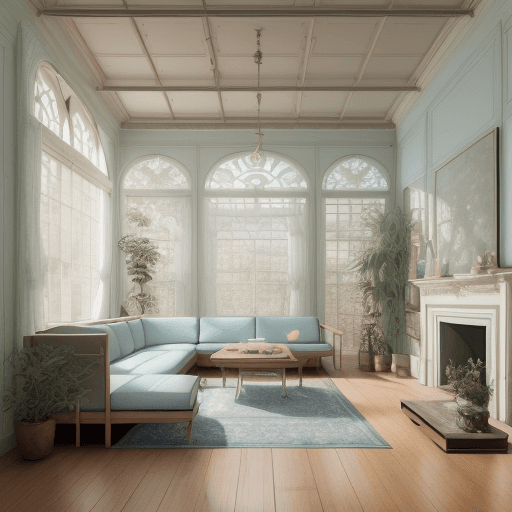 AI generated: High resolution photography interior design, dreamy sunken living room conversation pit, wooden floo...