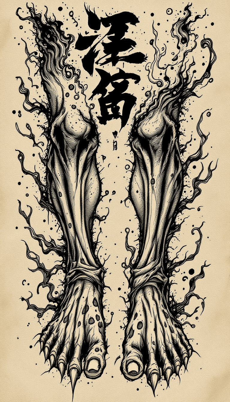 AI generated: A raw, hand-drawn tattoo sketch using large dot work techniques, depicting a grotesque pair of monst...