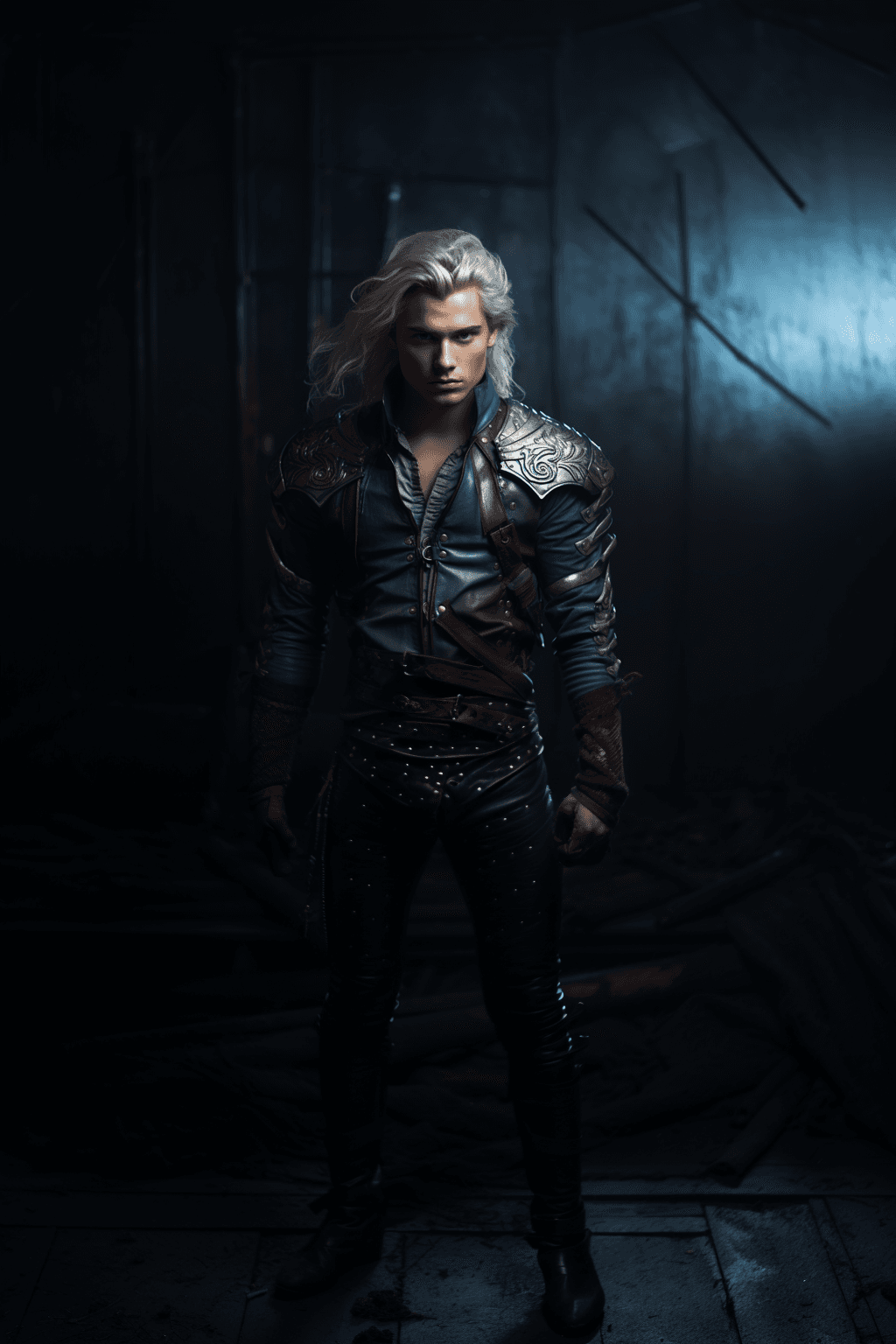 AI generated: Young man in his late teens, He is standing alone, with wavy silvery blue hair and sad light colored...