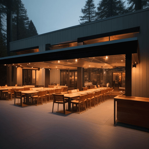AI generated: Exterior design of minimalist restaurant, outdoor seating area, outdoor dining, natural color tones,...