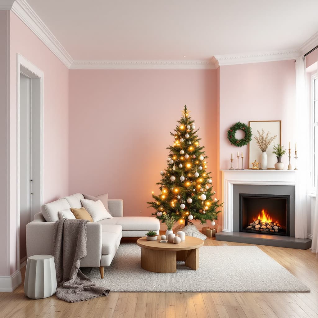 AI generated: light pink Modern Mid Century Living Room With Christmas Tree And Decorations with fire place