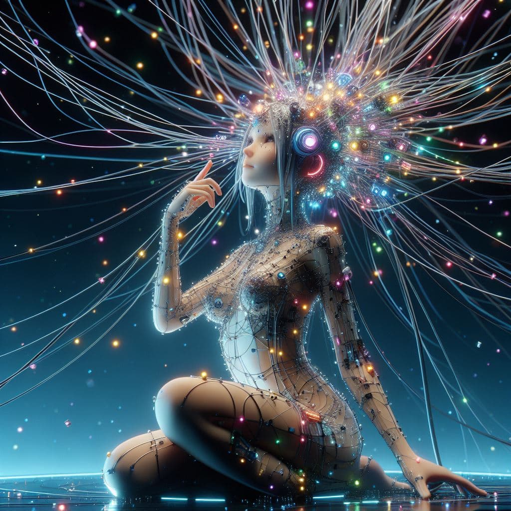 AI generated: a girl with multiple wires attached to head, (((full body))), active pose, low angle, wide angle, pe...