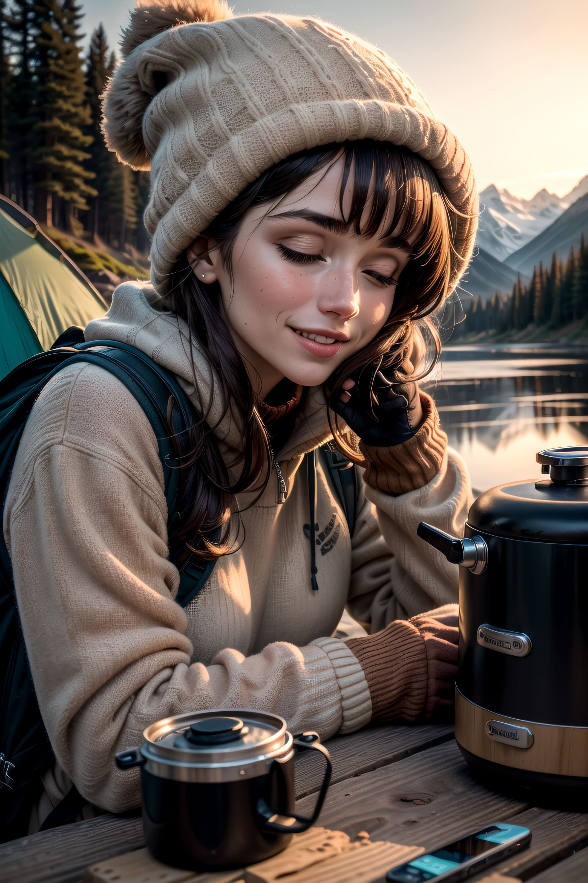 AI generated: woman, (upper body, happy:1.2), masterpiece, best quality, ultra-detailed, solo, outdoors, (night:1....
