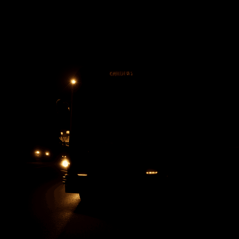 AI generated: dark bus in the middle of the night, moonlight, lit street
