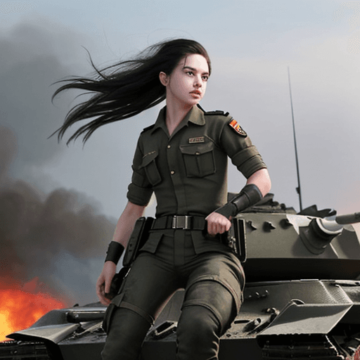AI generated: A young resistance man, on top of a burning military tank, HD, full body, showing strength and anger...