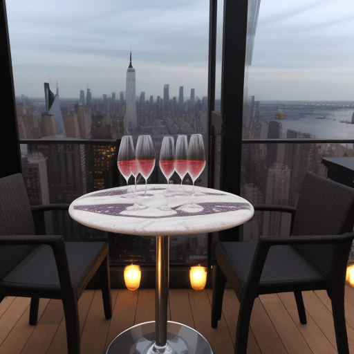 AI generated: Una copa de vino servida sobre una mesa en altura en una terraza con vista a la ciudad de New york c...