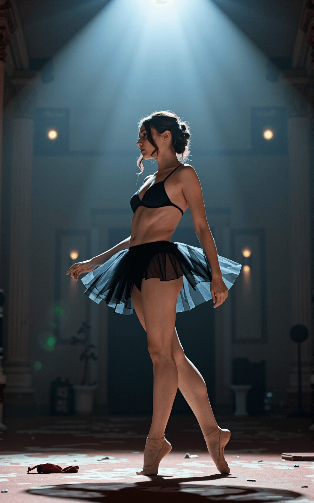 AI generated: Erotic, seductive, sensual documentary-style fantasy photograph of a ballerina performing alone on a...