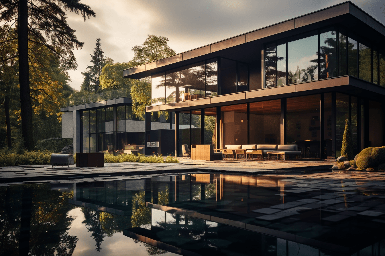 AI generated: modern house in poland, sunny daylight, in the style of light reflections, moody and tranquil scenes...